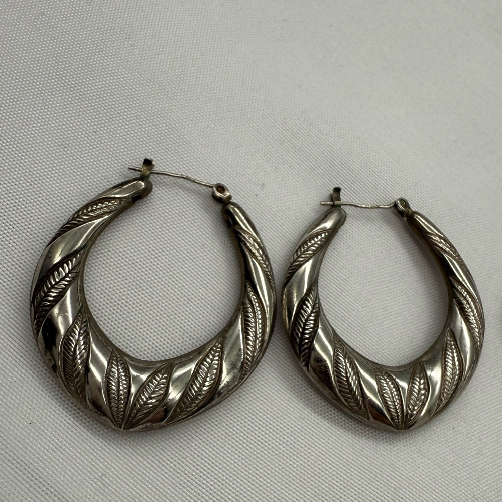 Vintage Chunky Puffy Sterling‎ Silver Hoop Earrings Classic Etched Design Gift